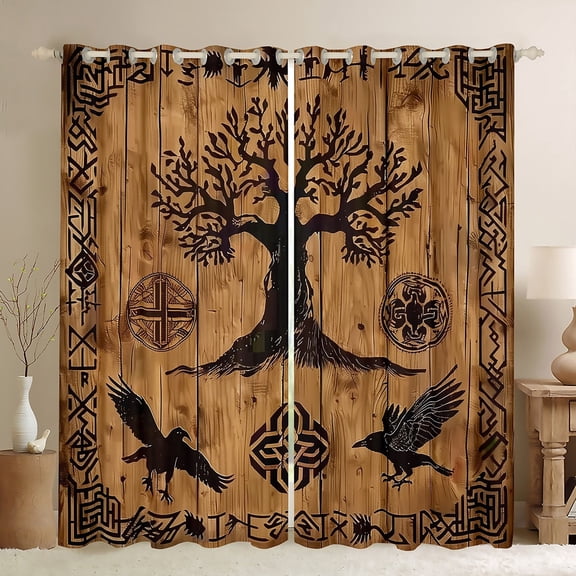 Manfei Boho Life Tree Black Out Curtains for Adult, Brown Rustic Aztec Cabin Curtains Pack of 2 (42x63 Each), Tribal Crow Animal Bedroom Curtains, Window Curtains Room Decor