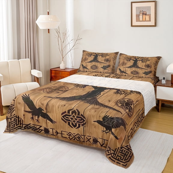 Manfei Boho Life Tree Twin Sheet Sets for Adult, Brown Rustic Aztec Cabin Twin Fitted Sheet, Tribal Crow Animal Flat Sheet, Lightweight Room Decor, 3pcs