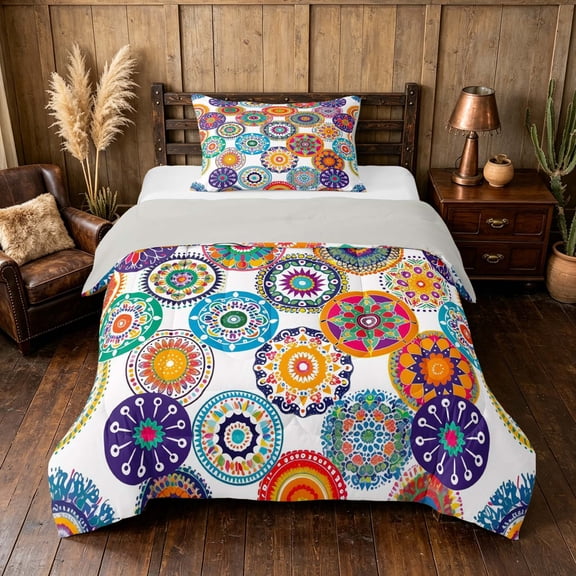 Manfei Boho Mandala Twin Comforter Sets, Hippie Floral Bedding Set, Multicolor White, Gray Reversible 2pcs, 1 Comforter and 1 Pillowcase
