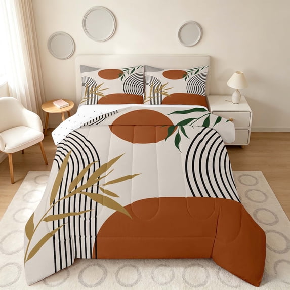 Manfei Boho Mid Century Full Size Comforter Sets, Minimalism Art Bedding Comforter Set, Brown, Green and Black, Reversible 3pcs, 1 Comforter and 2 Pillowcases