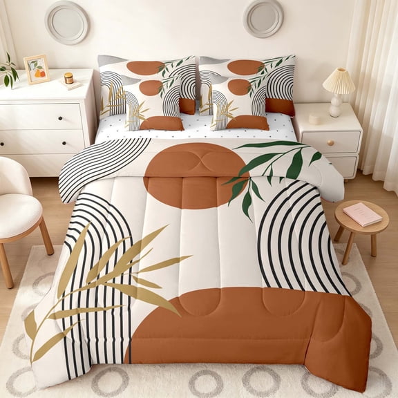 Manfei Boho Mid Century Twin Bedding, Minimalism Art Bedding Comforter Set, Brown, Green and Black, Reversible 7 Pieces