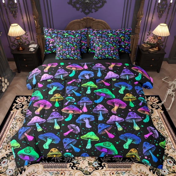 Manfei Boho Mushroom 7-Piece Bedding Comforter Set,Tropical Botanical Plant King Bedding Sets,Neon Purple Blue Bed Sheets For Girls Teens,Ultra Soft Home Decor Reversible