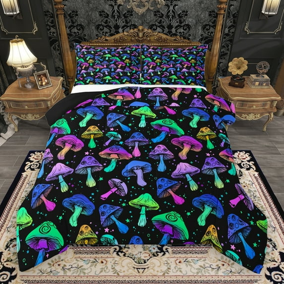 Manfei Boho Mushroom Queen Comforter Set,Tropical Botanical Plant Bedding Sets,Neon Purple Blue Bedding Comforter Set For Girls Teens,Ultra Soft Home Decor Reversible,3-Piece