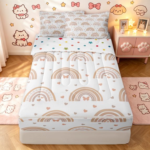 Manfei Boho Neutral Rainbow Zipper Twin Comforter Sets with Fitted Sheet and 2 Pillowcases, Love Heart Butterfly Zipper Bedding Set, Off White, Polkadot Reversible, 4-Piece