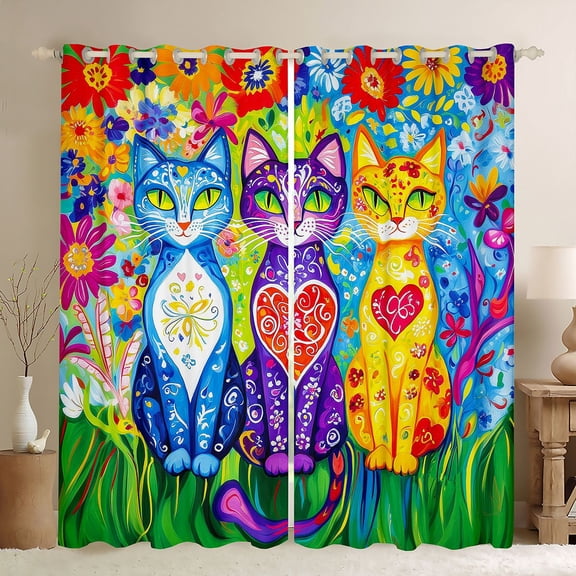 Manfei Boho Painted Cat Blackout Curtains, Garden Bloom Floral Window Curtains Pack of 2 (38x45 Each), Blue Green