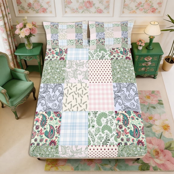 Manfei Boho Paisley Fitted Sheet Queen 3-Piece,Floral Plaid Dots Stripes Bedding,1 Fitted Sheet and 2 Pillowcases