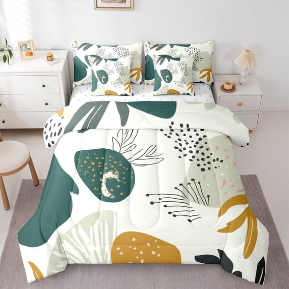 Manfei Boho Print Bedding Comforter Set 7 Pieces,Bohemain Theme Full Bedding Set,Minimalist Aesthetic Full Bedding Set,Green Beige Brown Fitted Sheet Flat Sheet,Microfiber Bedroom Decor,Reversible