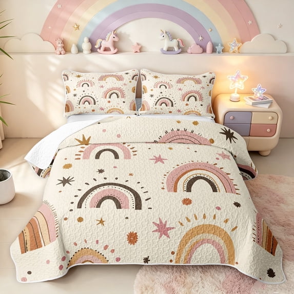 Manfei Boho Rainbow Bed Spread Queen, Star Planet Queen Coverlet Set, Beige, 3 Pieces, 1 Quilt and 2 Pillowcases