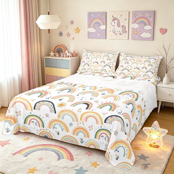 Manfei Boho Rainbow King Sheets, Botanical Sprig Bedding, Cream Orange, 4 Pieces, 1 Flat Sheet, 1 Fitted Sheet and 2 Pillowcases