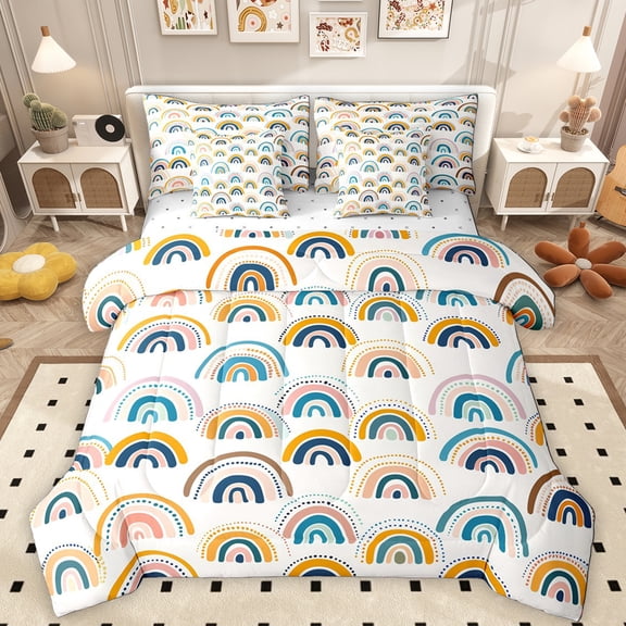 Manfei Boho Rainbow Pattern 7-Piece Twin Bedding Sets,bohemian Exotic Style Bedding Comforter Set,Geometric Polka Dots Sheet Sets For Kids,Breathable Home Decor Reversible