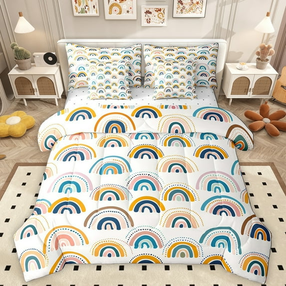 Manfei Boho Rainbow Pattern 7-Piece Twin Bedding Sets,bohemian Exotic Style Bedding Comforter Set,Geometric Polka Dots Sheet Sets For Kids,Breathable Home Decor Reversible