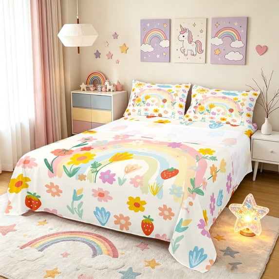 Manfei Boho Rainbow Queen Sheets, Strawberry Floral Queen Sheet Sets, Cream Pink, 4-Piece, 1 Flat Sheet, 1 Fitted Sheet and 2 Pillowcases