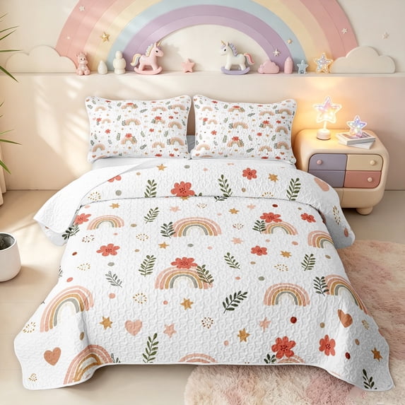 Manfei Boho Rainbow Quilt King, Floral Leaf Plant King Coverlet Set, White, 3pcs, 1 Bedspread and 2 Pillowcases