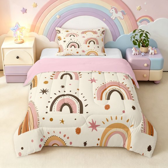Manfei Boho Rainbow Twin Comforter Sets, Star Planet Bedding Set, Beige, Pink Reversible, 2 Pieces, 1 Comforter and 1 Pillowcase