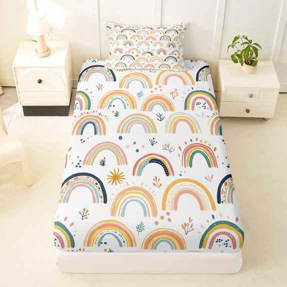 Manfei Boho Rainbow Twin Fitted Sheet, Botanical Sprig Bedding, Cream Orange, 2 Pieces, 1 Fitted Sheet and 1 Pillowcase