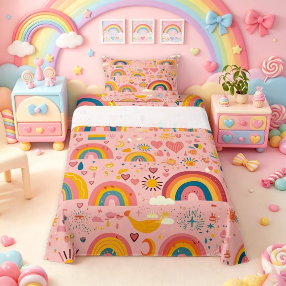Manfei Boho Rainbow Twin Sheets, Sun Moon Heart Bedding, Orange Pink, 3-Piece, 1 Flat Sheet, 1 Fitted Sheet and 1 Pillowcase