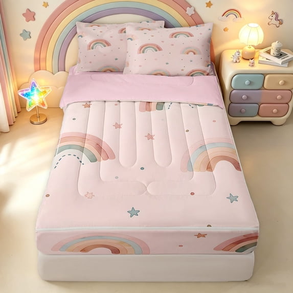 Manfei Boho Rainbow Zipper Full Size Comforter Sets with Fitted Sheet and 2 Pillowcases, Star Dot Zipper Bedding Set, Light Pink, Pink Reversible, 4 Pieces