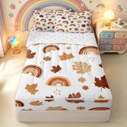 Manfei Boho Rainbow Zipper Twin Comforter Sets with Fitted Sheet and 2 Pillowcases, Autumn Leaf Zipper Bedding Set, White Orange, Reversible, 4 Pieces
