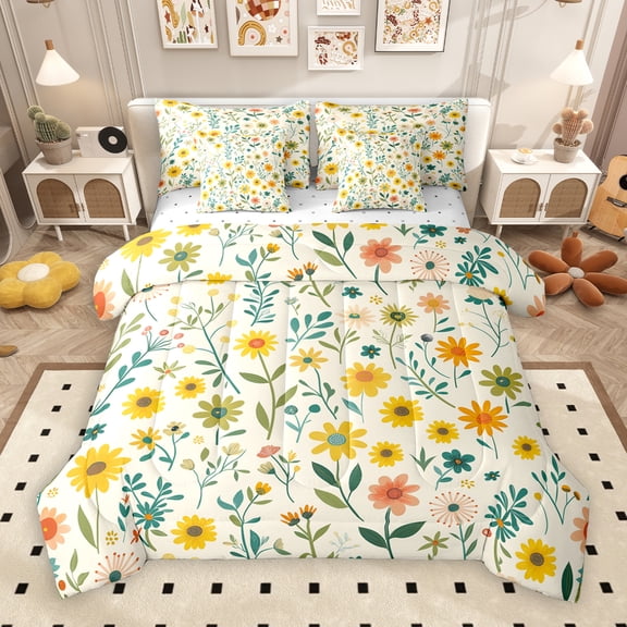 Manfei Boho Rustic Flower 7-Piece Twin Bedding Sets,Natural Plant Bedding Comforter Set,Yellow Green Sheet Sets For Girls Boys,Super Cozy Room Decor Reversible