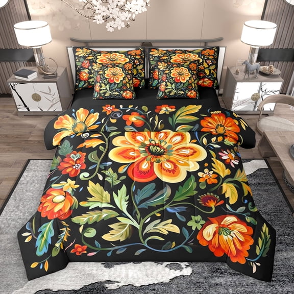 Manfei Boho Rustic Flower 7pcs Bedding Comforter Set,Natural Plant Queen Bedding Sets,Green Yellow Black Queen Sheet Sets For Girls Boys,Super Cozy Room Decor Reversible