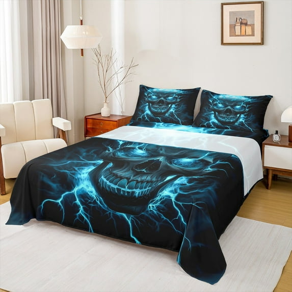 Manfei Boho Skull Skeleton Twin Sheet Sets, Halloween Twin Fitted Sheet, Black Blue Lightning Flat Sheet, Lightweight Room Decor 3 Pieces