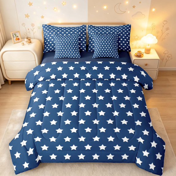 Manfei Boho Stars 7 Pieces Full Size Bedding Sets,Playful Design Full Size Bed in a Bag,Navy White,Navy Blue Reversible