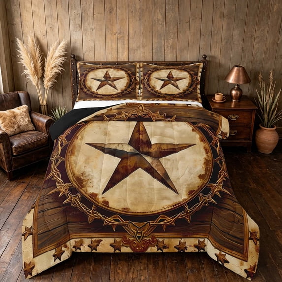 Manfei Boho Stars Queen Comforter Set,Rustic Farmhouse Lodge Comforter Sets Queen,Cream Brown,Black Reversible,3-Piece,1 Comforter and 2 Pillowcases