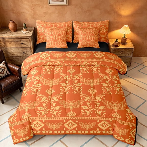 Manfei Boho Style Moth Damask Full Size Bedding Sets, Tribal Geometric Full Size Bed in a Bag, Orange Beige, Black Reversible 7-Piece