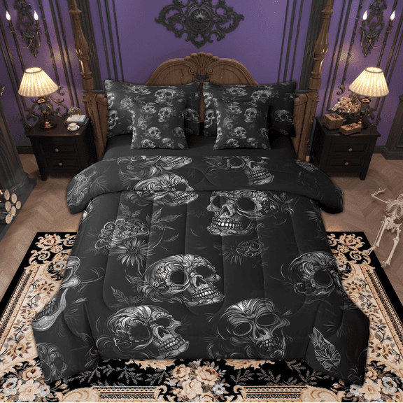 Manfei Boho Sugar Skull Bedding Comforter Set 7 Pieces, Vintage Retro Flower Queen Bedding Sets, Halloween Queen Sheet Sets, Lightweight Room Decor