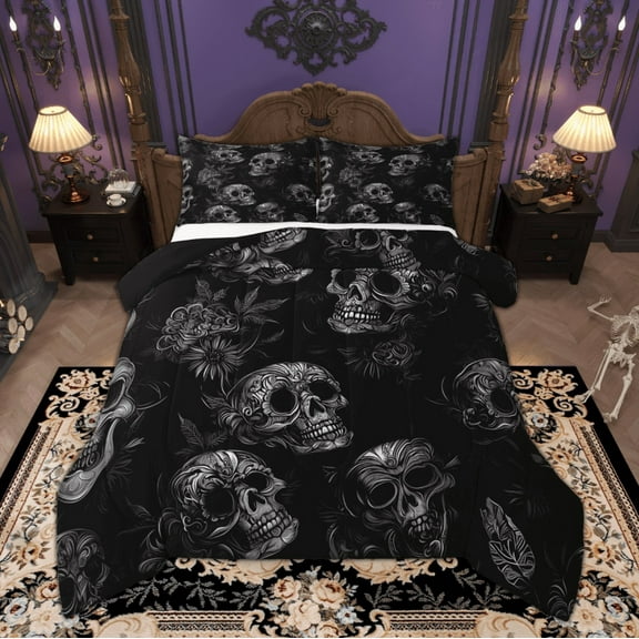 Manfei Boho Sugar Skull Bedding Comforter Set, Vintage Retro Flower Twin Comforter Sets, Halloween Bedding Set, Lightweight Room Decor Reversible 2 Pieces
