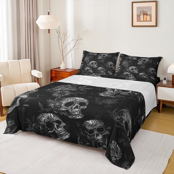 Manfei Boho Sugar Skull Twin Sheet Sets, Vintage Retro Flower Twin Fitted Sheet, Halloween Flat Sheet, Lightweight Room Decor 3 Pieces