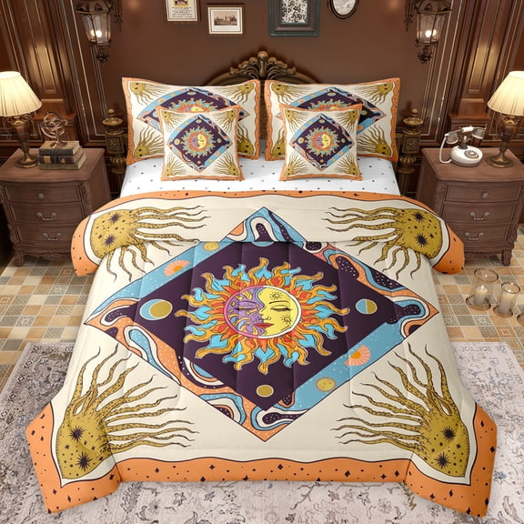 Manfei Boho Sun 7-Piece Twin Bedding Sets,bohemian Exotic Style Bedding Comforter Set,Beige Orange Sheet Sets For Men Women,Breathable Home Decor