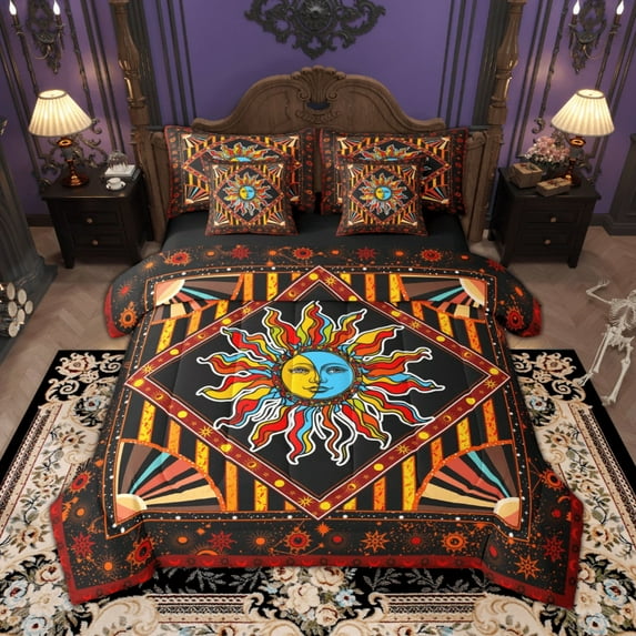 Manfei Boho Sun Bedding Comforter Set, Orange Gradient Galaxy Queen Bedding Sets, Zodiac Astrology Stars Queen Sheet Sets, Lightweight Room Decor Reversible 7 Pieces