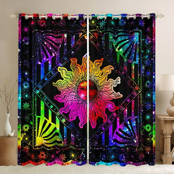 Manfei Boho Sun Black Out Curtains, Rainbow Gradient Galaxy Curtains Pack of 2 (42x63 Each), Zodiac Astrology Stars Bedroom Curtains, Luxury Bedroom Decor