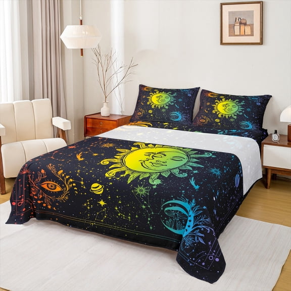 Manfei Boho Sun Flower Full Size Sheets,Constellation Astrology Bed Sheets,Neno bohemian Mushroom Sheet Sets For Girls Kids,Super Cozy Room Decor,4-Piece