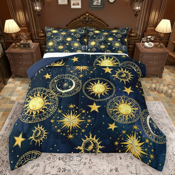 Manfei Boho Sun Full Size Comforter Sets,bohemian Exotic Style Bedding Comforter Set,Gold Stars Print Bedding Sets For Men Women,Breathable Home Decor Reversible,3 Pieces