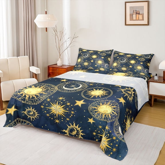 Manfei Boho Sun Full Size Sheets,bohemian Exotic Style Bed Sheets,Gold Stars Print Sheet Sets For Men Women,Breathable Home Decor,4 Pieces