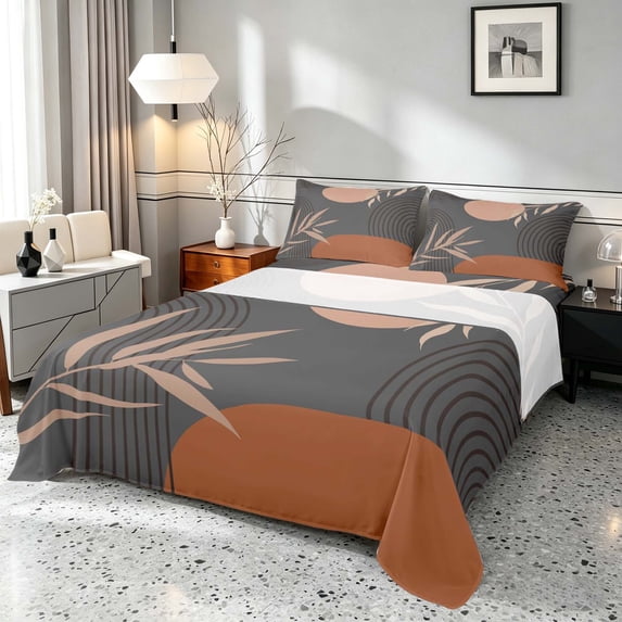 Manfei Boho Sun and Leaf Bed Sheets, Mid Century Geometric Fuul Size Sheets, Gray and Blush, Reversible 4pcs1 Flat Sheet + 1 Fitted Sheet + 2 Pillowcases