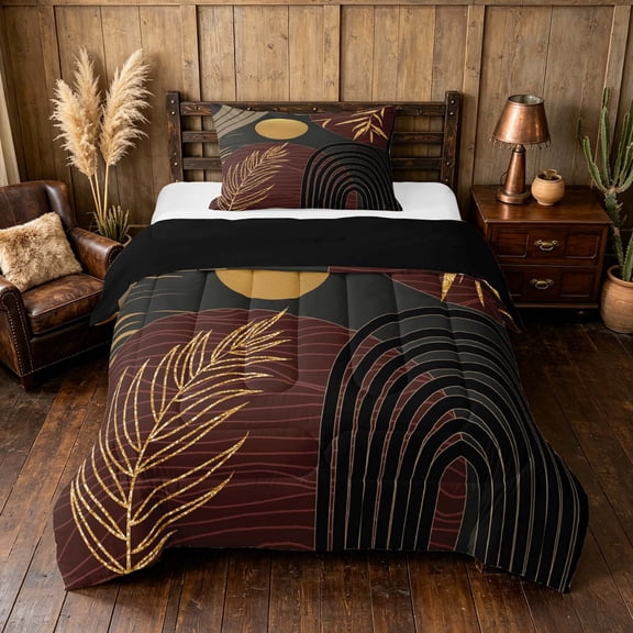 Manfei Boho Sun and Leaf Twin Comforter Sets, Mid Century Geometric Bedding Set, Black and Gold, Black Reversible 2 Pieces, 1 Comforter and 1 Pillowcase
