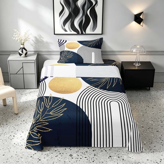 Manfei Boho Sun and Leaf Twin Sheets, Mid Century Geometric Bedding, Navy White Gold, Navy Reversible 3 Pieces1 Flat Sheet + 1 Fitted Sheet + 1 Pillowcase