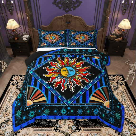 Manfei Boho Sun Queen Comforter Set, Blue Gradient Galaxy Bedding Sets, Zodiac Astrology Stars Bedding Comforter Set, Breathable Home Decor, 3-Piece Reversible
