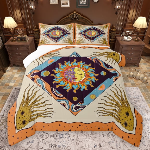 Manfei Boho Sun Queen Comforter Set,bohemian Exotic Style Bedding Sets,Beige Orange Bedding Comforter Set For Men Women,Breathable Home Decor,3pcs