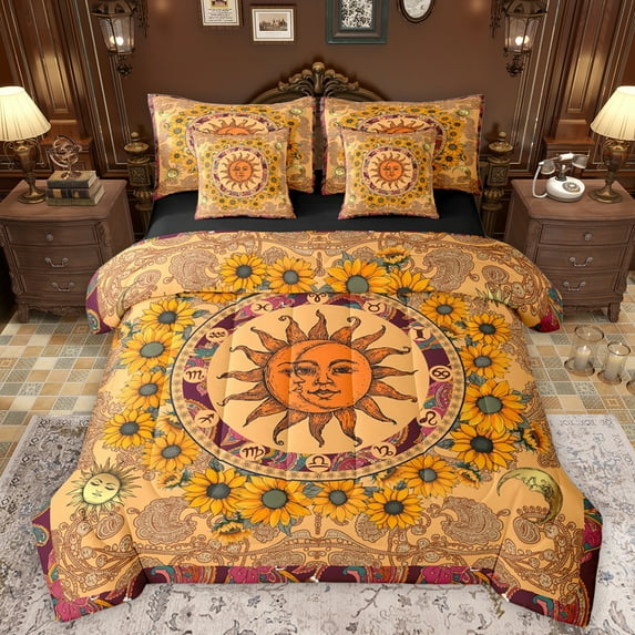 Manfei Boho Sun Sunflower 7 Pieces Bedding Comforter Set,Bohemain Exotic Style Full Bedding Set,Orange Paisley Flowers Fitted Sheet Flat Sheet For Men Women,Breathable Home Decor Reversible