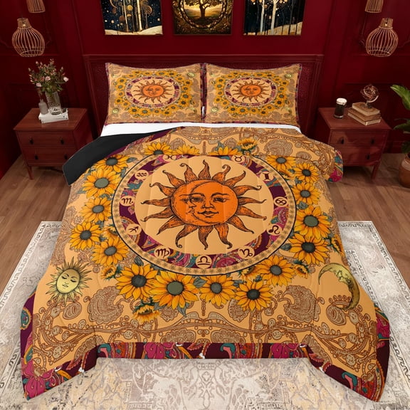 Manfei Boho Sun Sunflower Queen Comforter Set,bohemian Exotic Style Bedding Sets,Orange Paisley Flowers Bedding Comforter Set For Men Women,Breathable Home Decor Reversible,3 Pieces