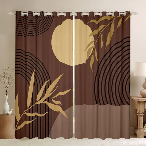 Manfei Boho Sun and Leaf Blackout Curtains, Mid Century Geometric Curtains Pack of 2 (42x84 Each), Brown