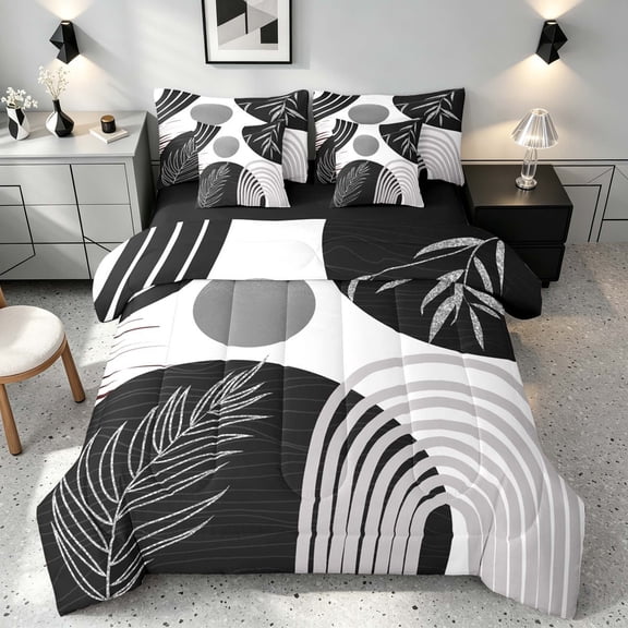Manfei Boho Sun and Leaf Full Size Bedding Sets, Mid Century Geometric Full Size Bed in a Bag, Black and Silver, Black Reversible 7 Pieces