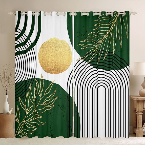 Manfei Boho Sun and Leaf Kitchen Curtains, Mid Century Geometric Black Out Curtains Pack of 2 (42x63 Each), Green and Gold