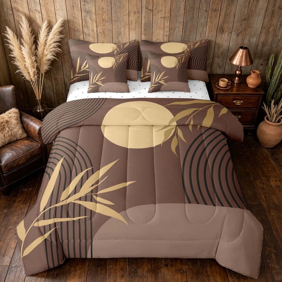 Manfei Boho Sun and Leaf Twin Bedding, Mid Century Geometric Bedding Comforter Set, Brown, Reversible 7-Piece