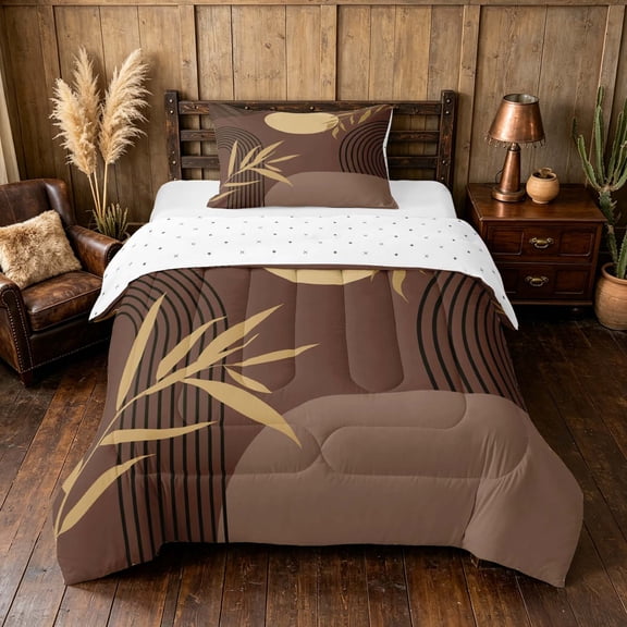 Manfei Boho Sun and Leaf Twin Comforter Sets, Mid Century Geometric Bedding Set, Brown, Reversible 2 Pieces, 1 Comforter and 1 Pillowcase