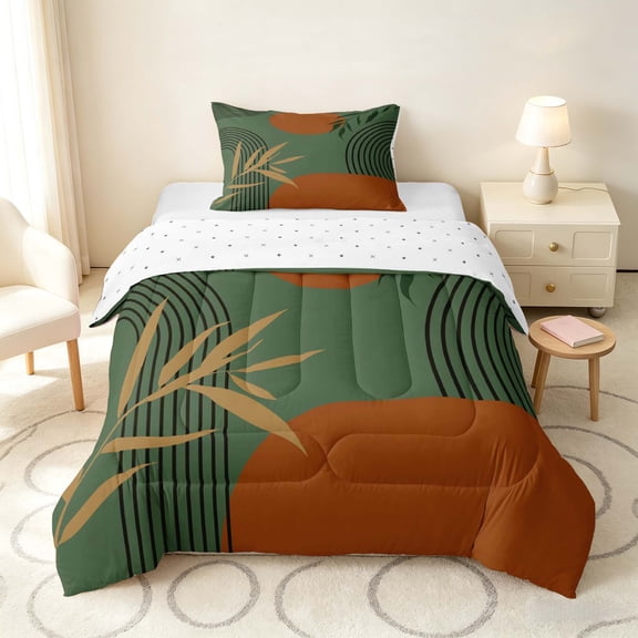 Manfei Boho Sun and Leaf Twin Comforter Sets, Mid Century Geometric Bedding Set, Green and Brown, Reversible 2-Piece, 1 Comforter and 1 Pillowcase